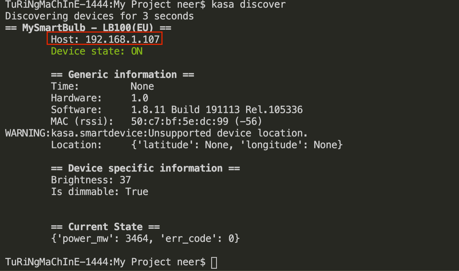 IP Address of the light bulb after connected to local WiFi