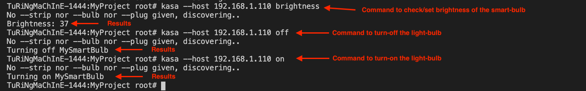 Kasa commands to control the light-bulb from a personal computer