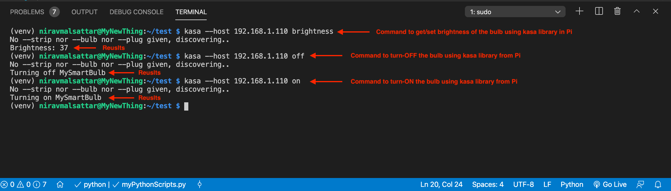 Kasa commands to control the light-bulb from Pi